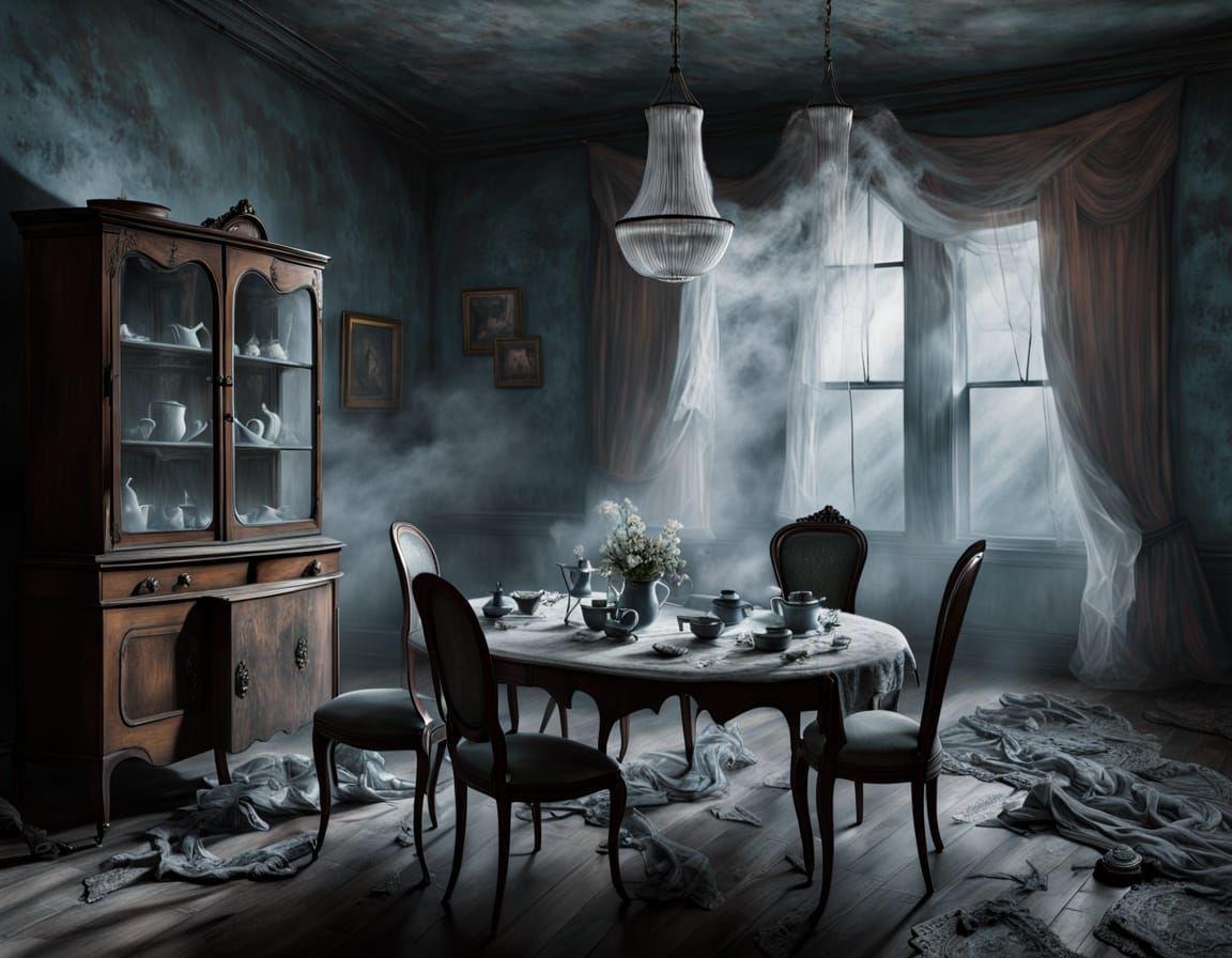 Ethereal Victorian Tea Room with Ghostly Spectres