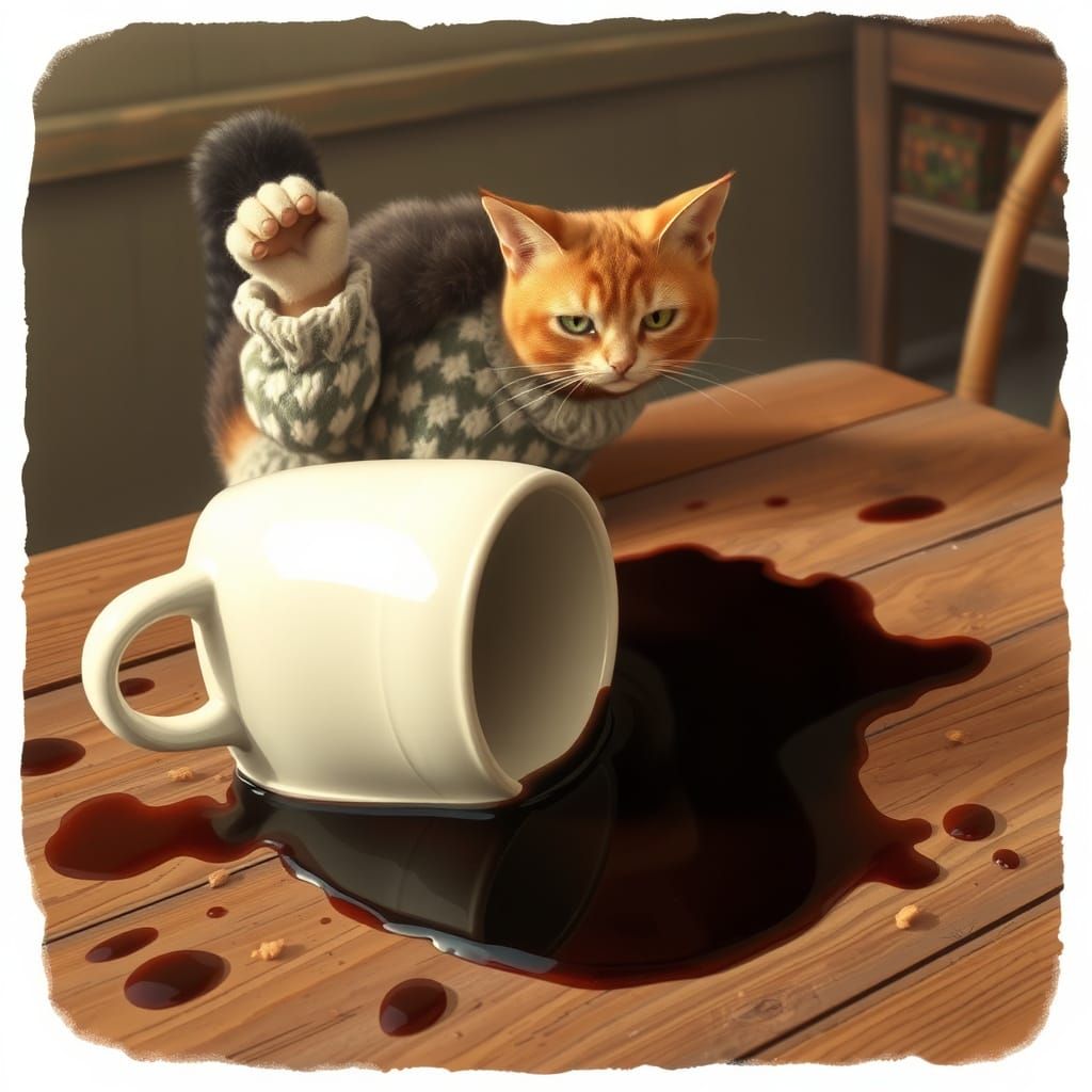 Cat's Disgust: Coffee Spill in Beatrix Potter Style