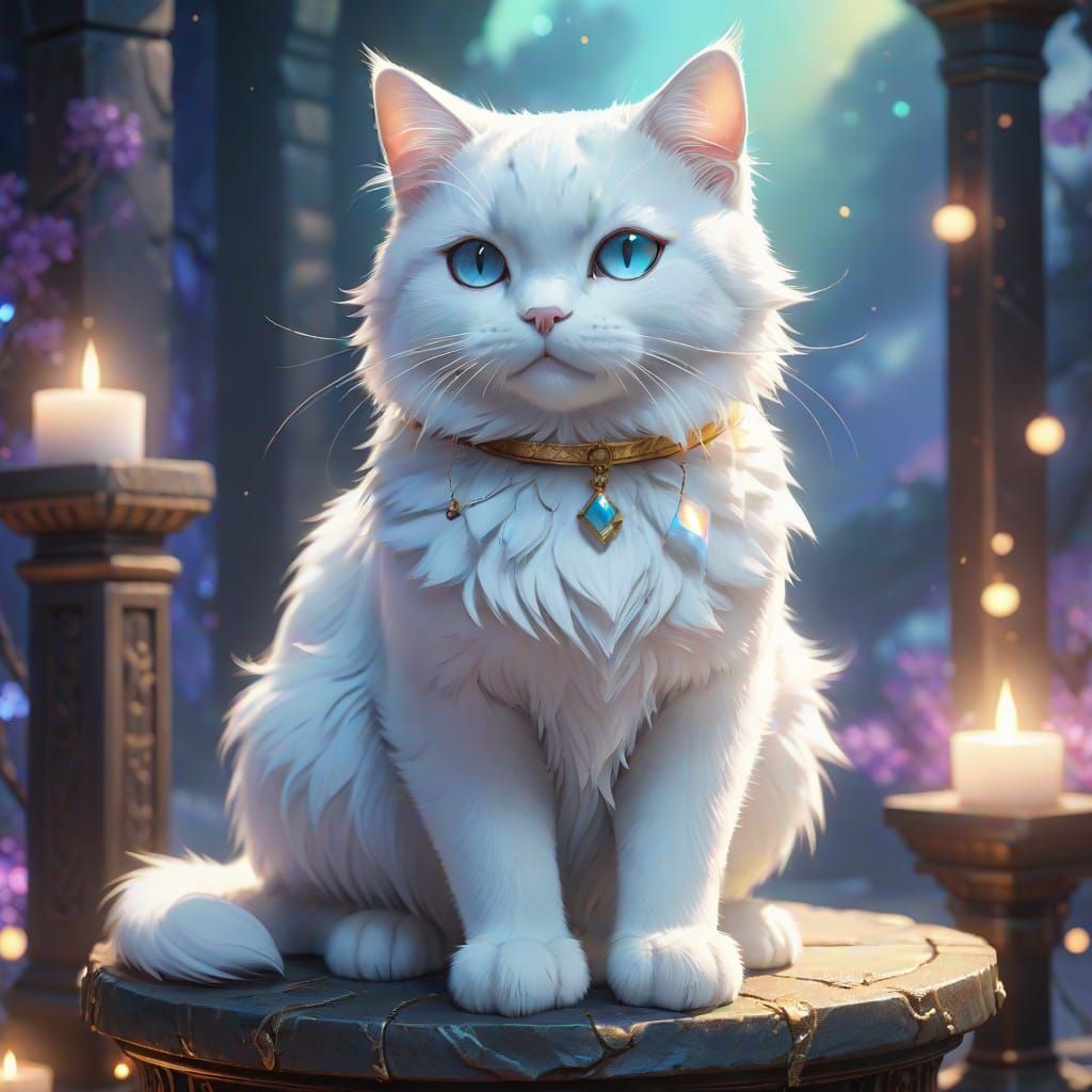 Anime White Cat Portrait on Fantasy Pedestal