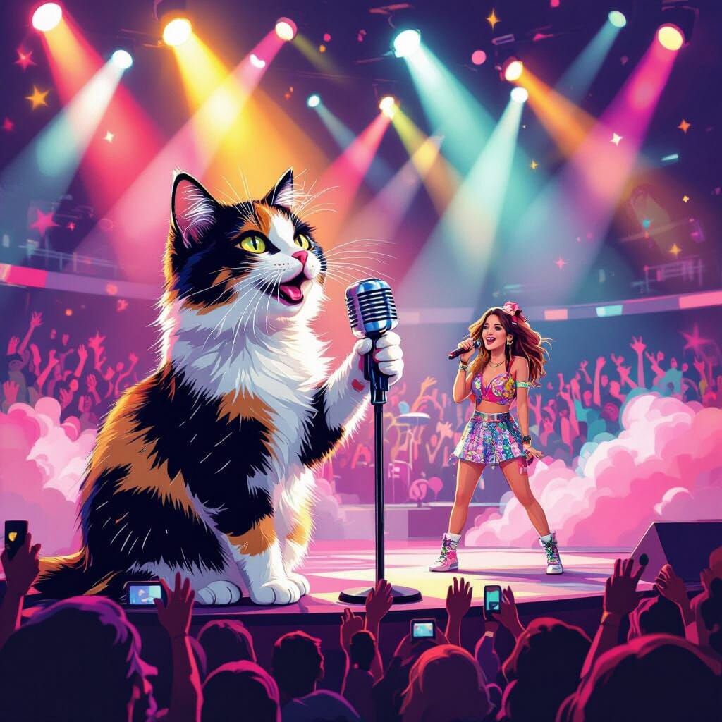 Calico Cat Sings with Pop Stars on Stage in Pop Art Style