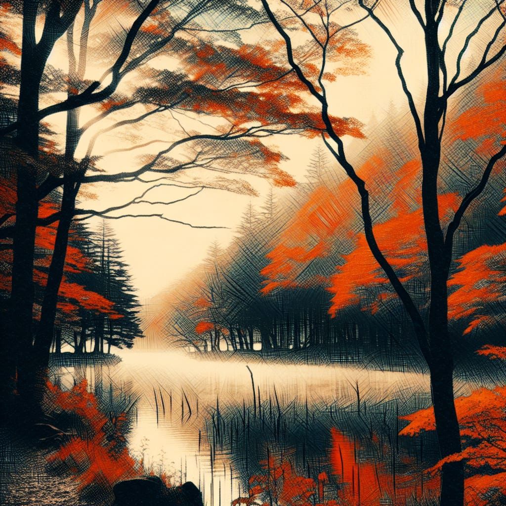 Serene Autumn Landscape in Japan as Scratch Painting