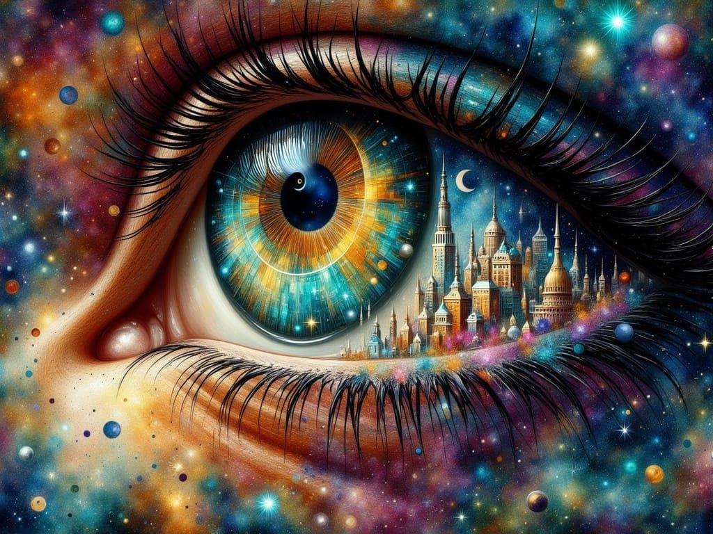 Surreal Cityscape within an Eye in Watercolor and Oil