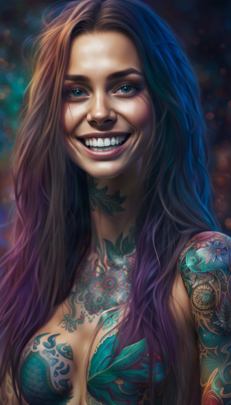 Tattooed Woman Smiling in Detailed Fantasy Art
