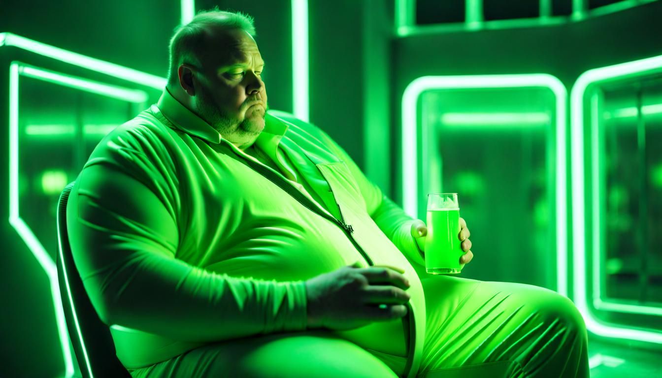 Overweight Man in Futuristic Room Drinks Green Soda