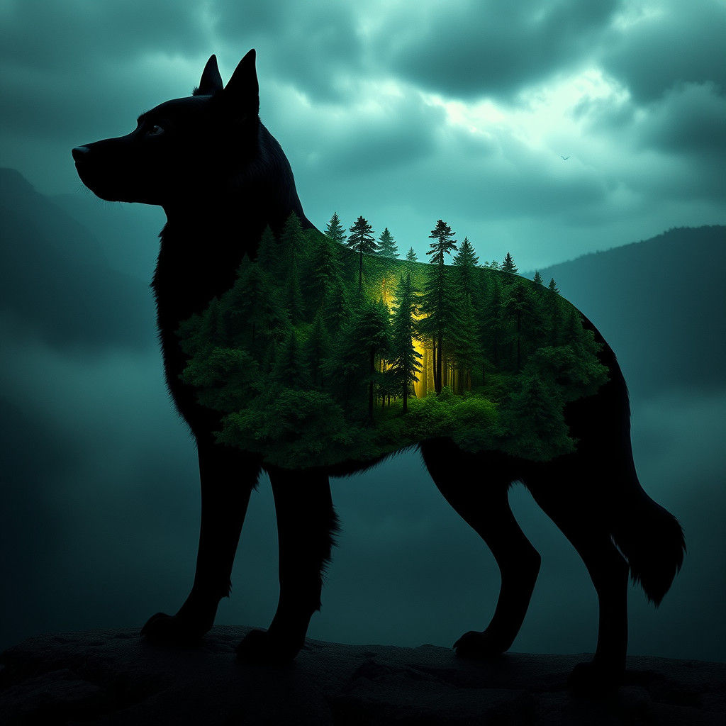 Dog Silhouette with Forest: A Digital Art Masterpiece