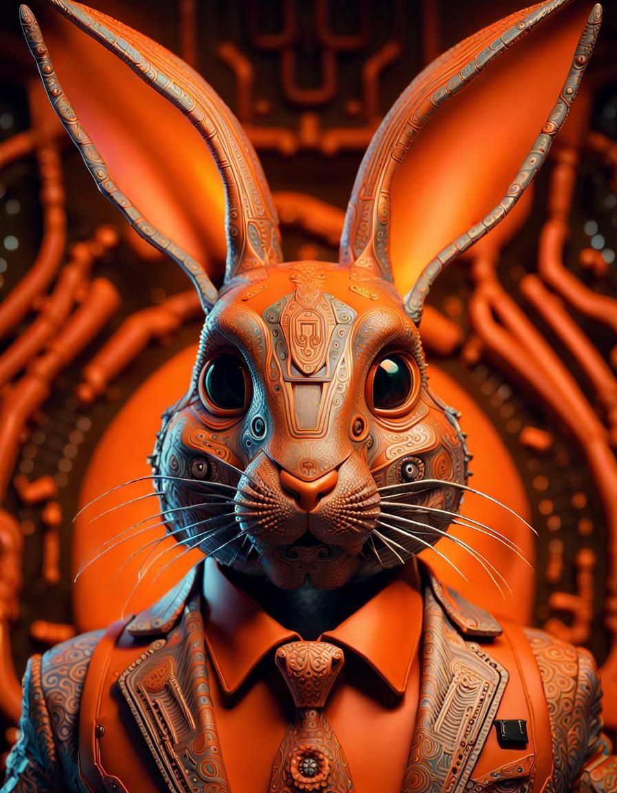 Orange Biomechanical Rabbit in Cyberpunk Style