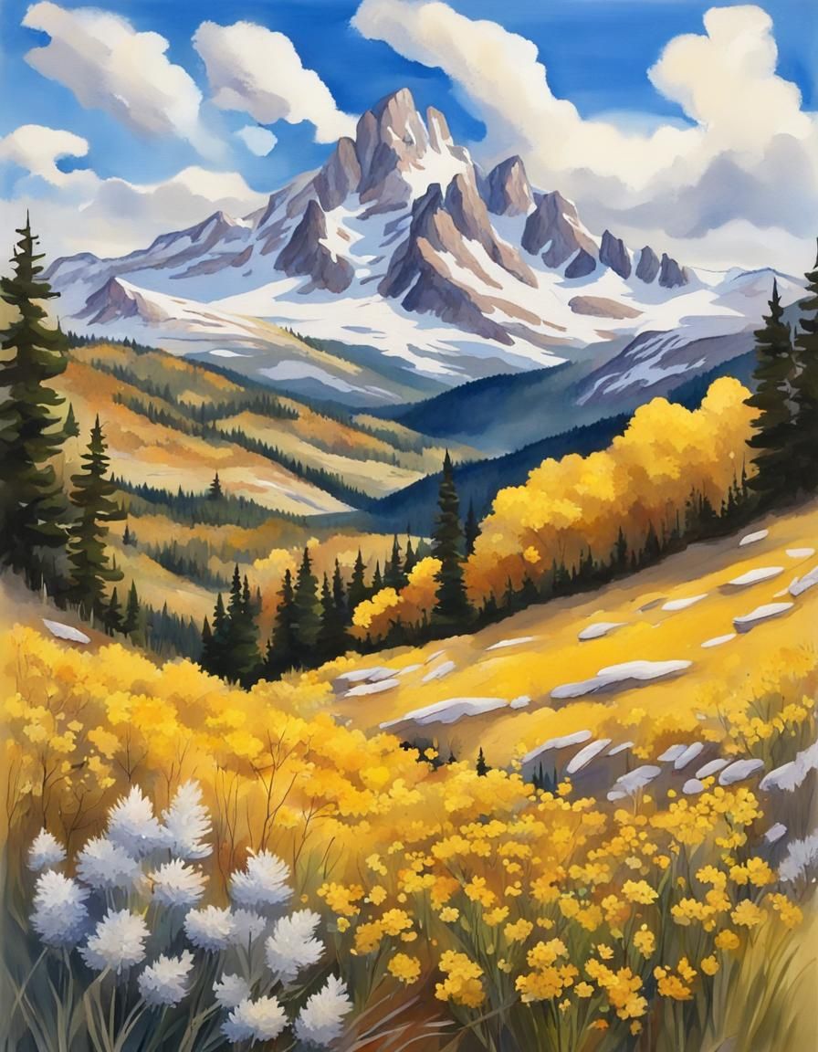 Mountain Valley in Autumn, Gouache Painting