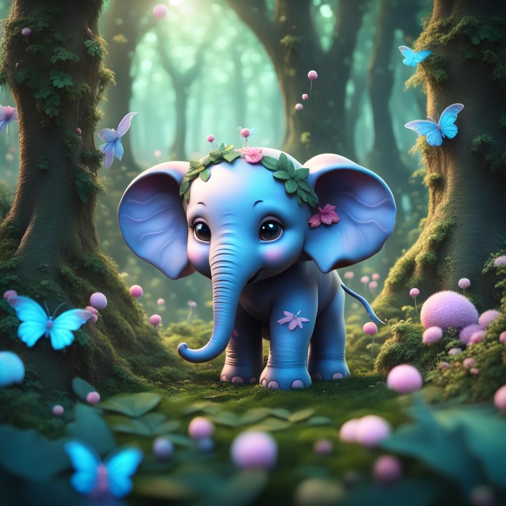 Kawaii Elephant with Fairies in Leafy Forest