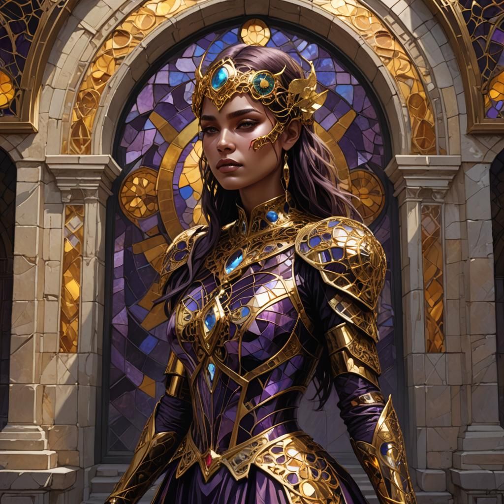 Girl in Golden Mask and Stained Glass Dress