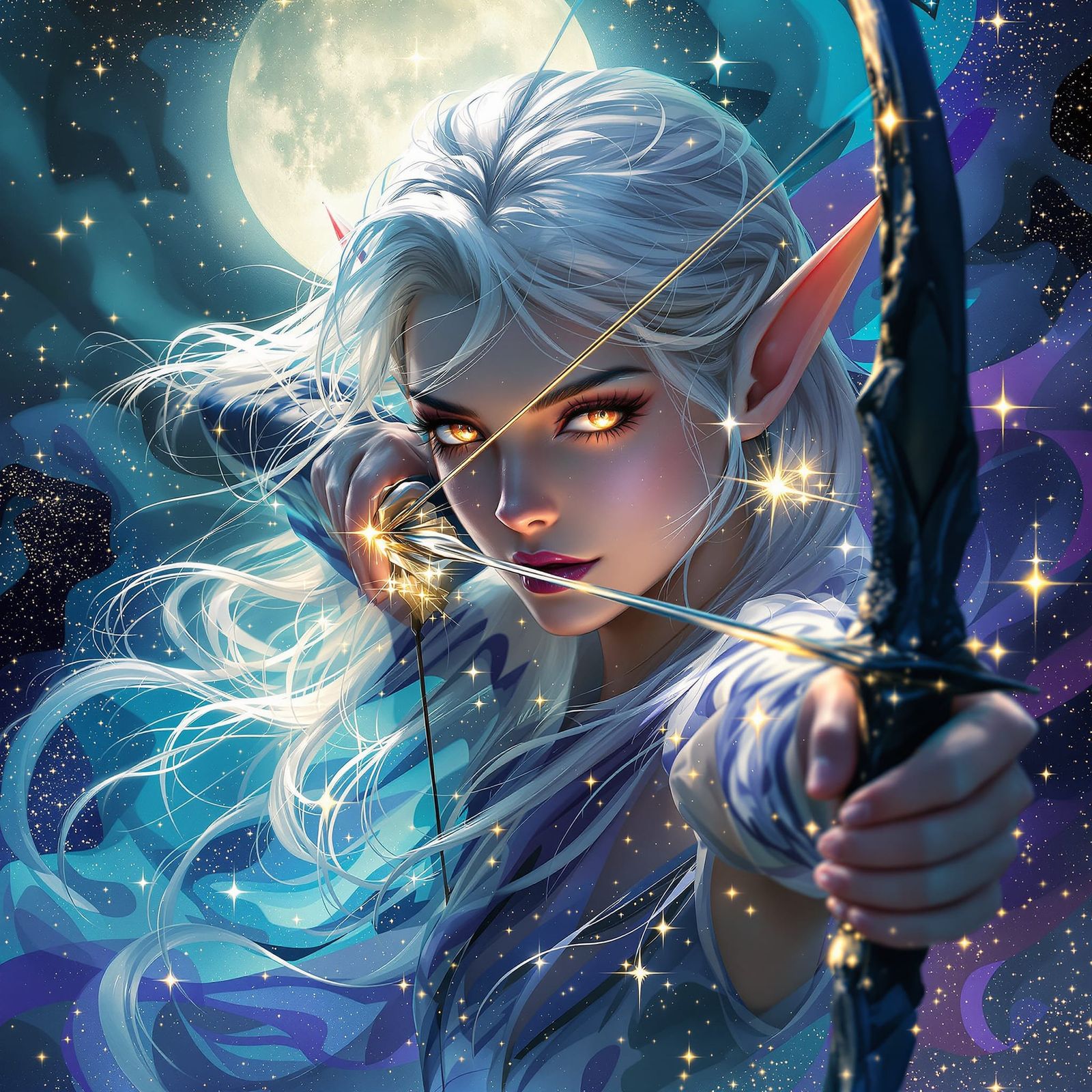 Elven Huntress with Moonlight Arrow in Fantasy Art