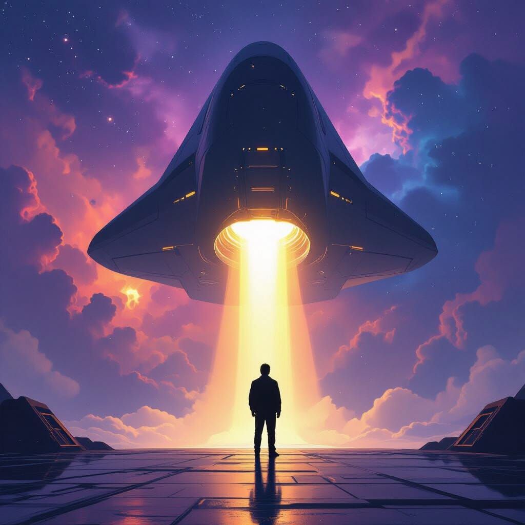 Man Hesitates Before Boarding Spaceship to Unknown