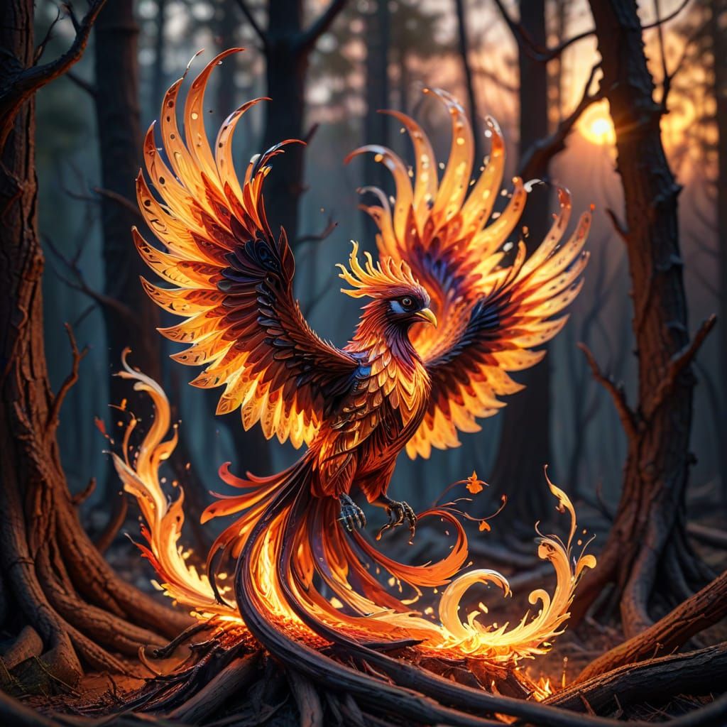 Quilling art portrait of a Phoenix over fire.