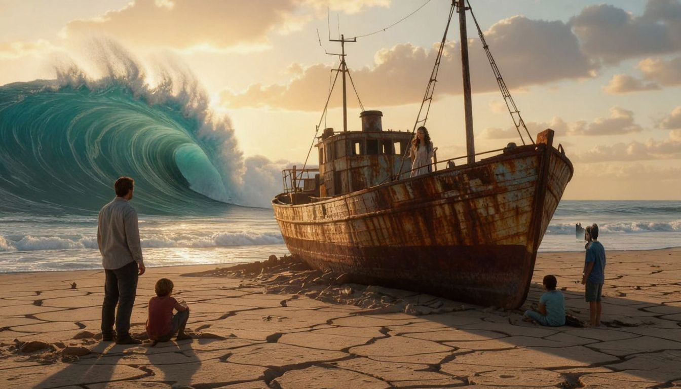 Rusted Ship on Dry Ocean Floor with Giant Wave