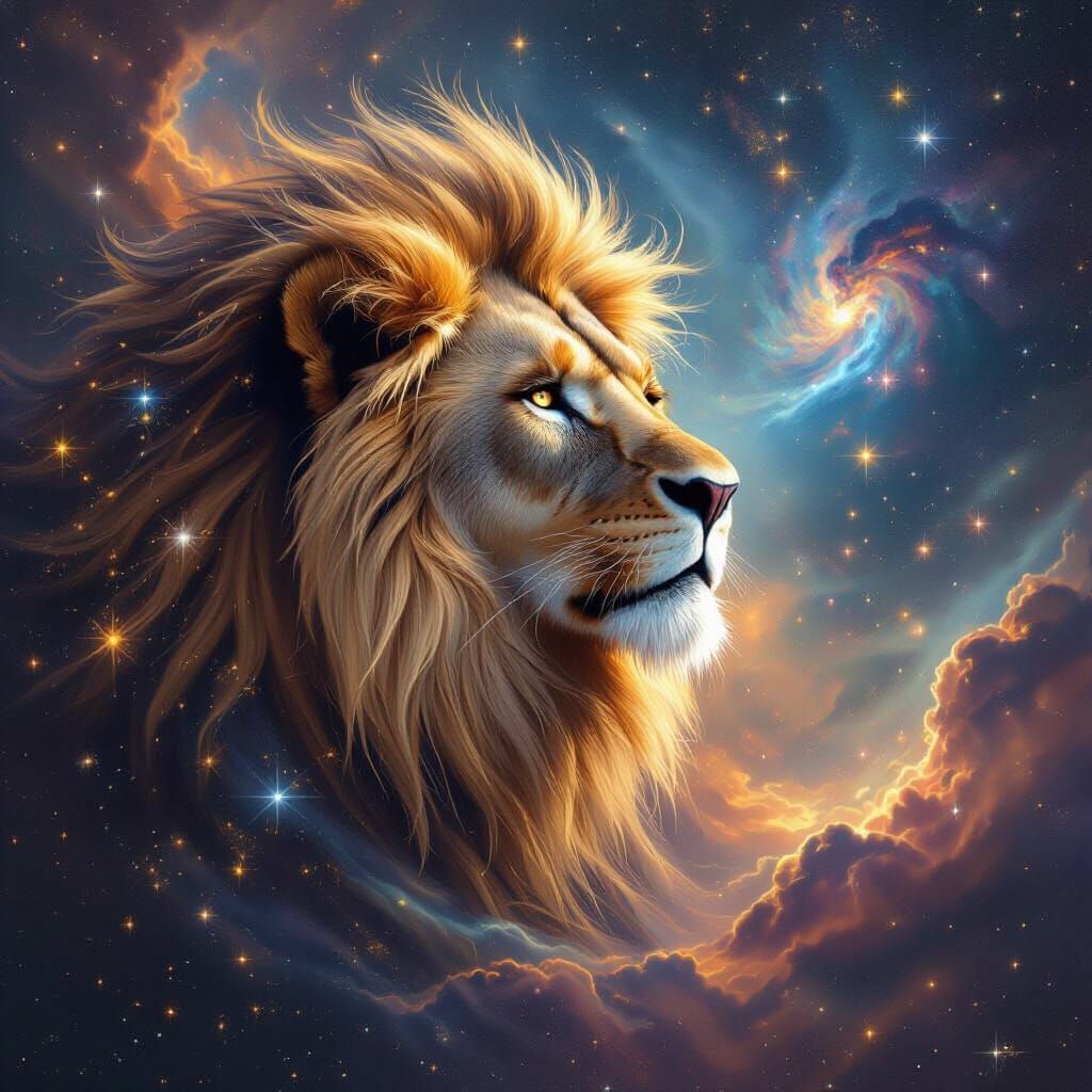 Cosmic Lion Stares Into Nebula, Starlight Mane