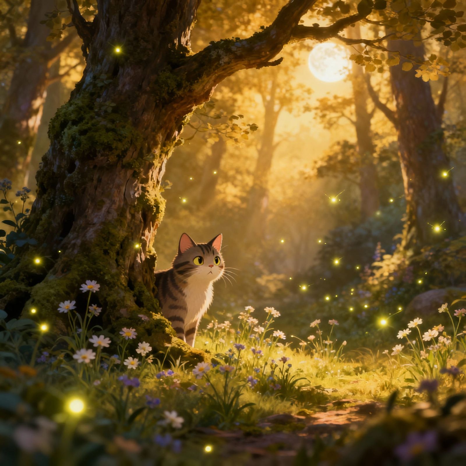Enchanting Forest Scene with Moonlight Cat