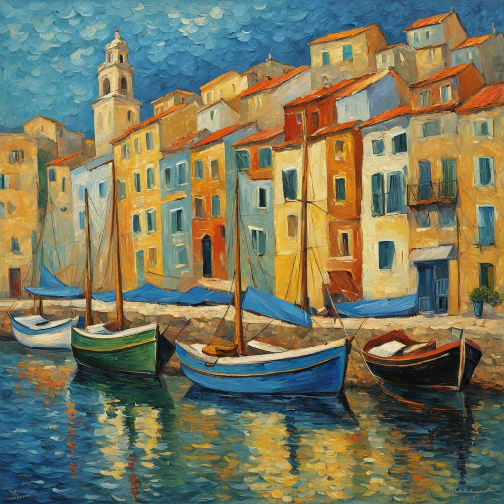 Vibrant Harbour Scene in Kavala, Greece, in Neo-Impressionis...