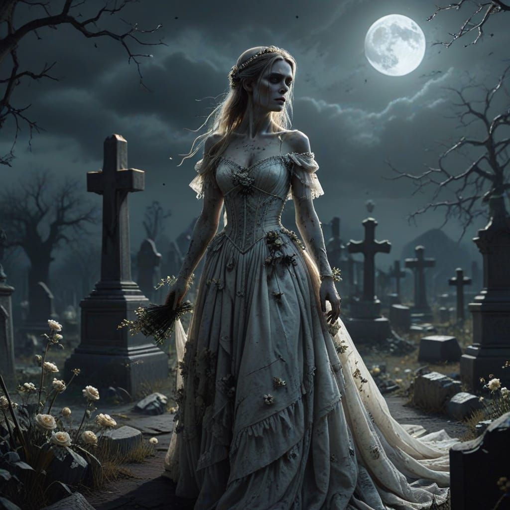 Undead Bride in Desolate Graveyard Dark Fantasy Art