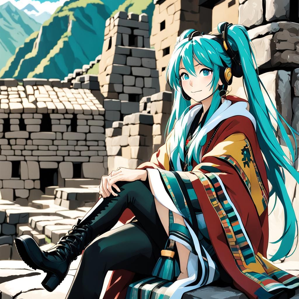 Hatsune Miku in Andean Coat at Machu Picchu
