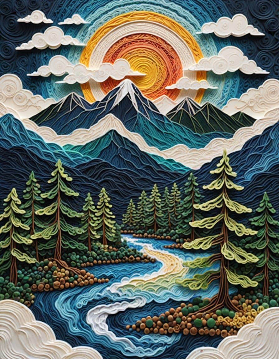 Surreal Yarn Cloudscape with Majestic Mountain