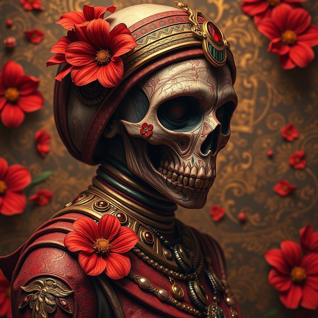 Undead Egyptian Mummy Woman Amidst Crimson and Gold Flowers