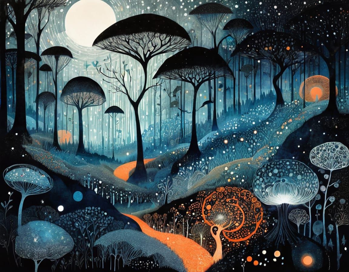 Mysterious Misty Forest Under Starry Sky