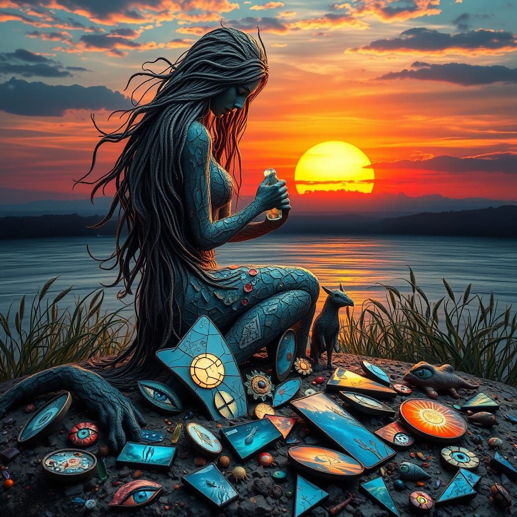 Surreal Sculpture of Woman at Sunset