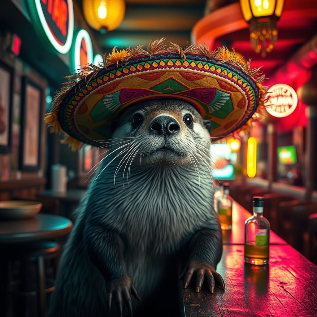 Sea Otter in Sombrero Inside Mexican Cantina