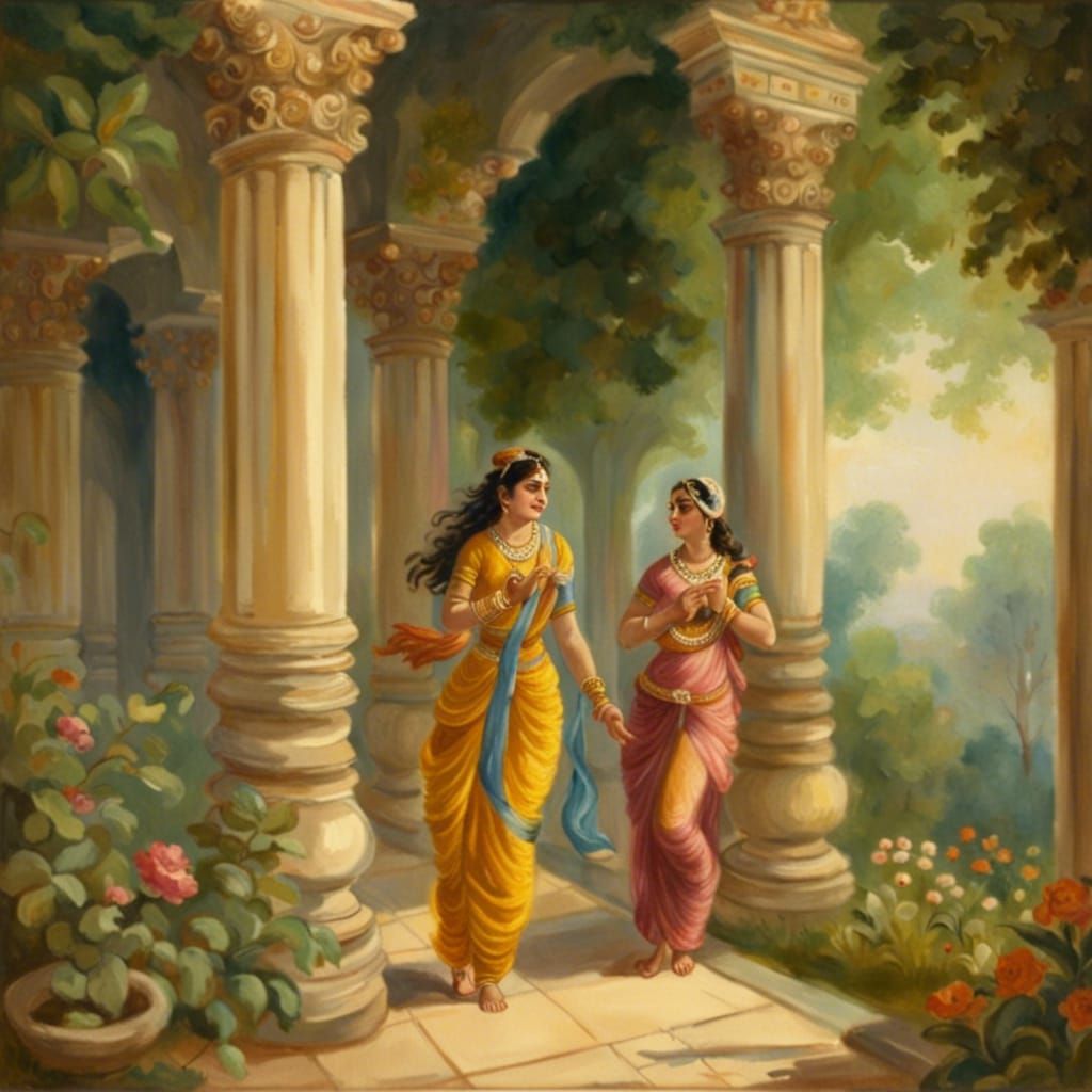 Krishna and Radha Chase, Watercolor Gouache Style