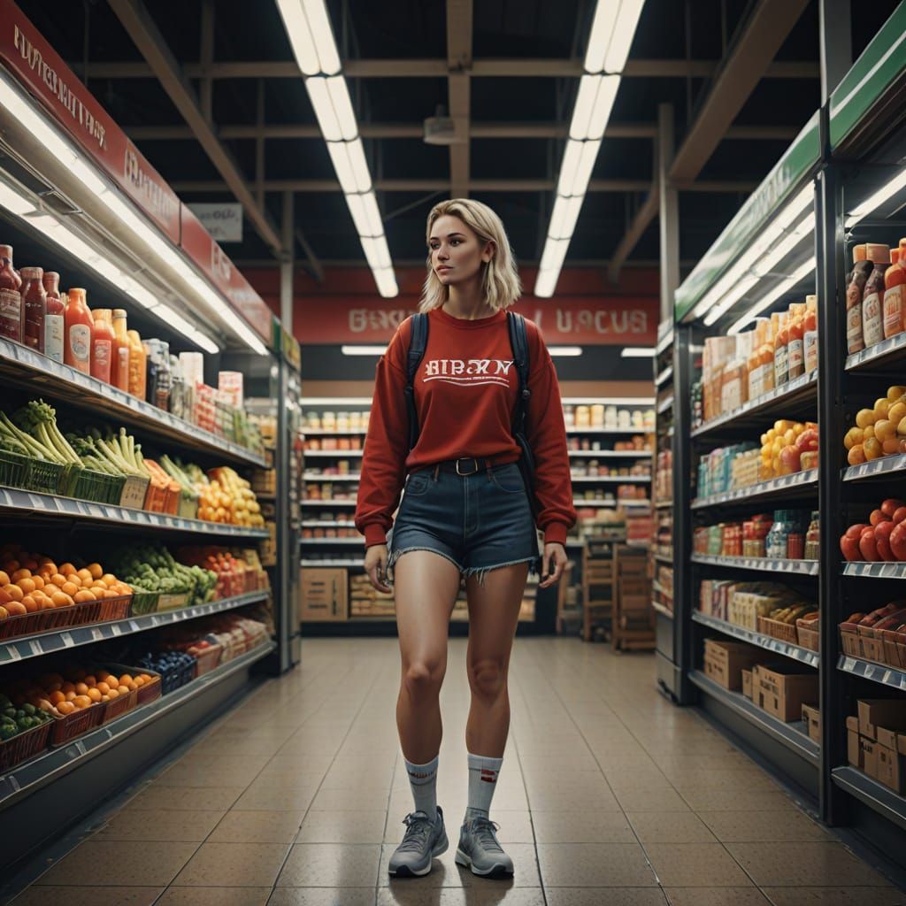 Confident Blonde Woman Stands in Supermarket Aisles