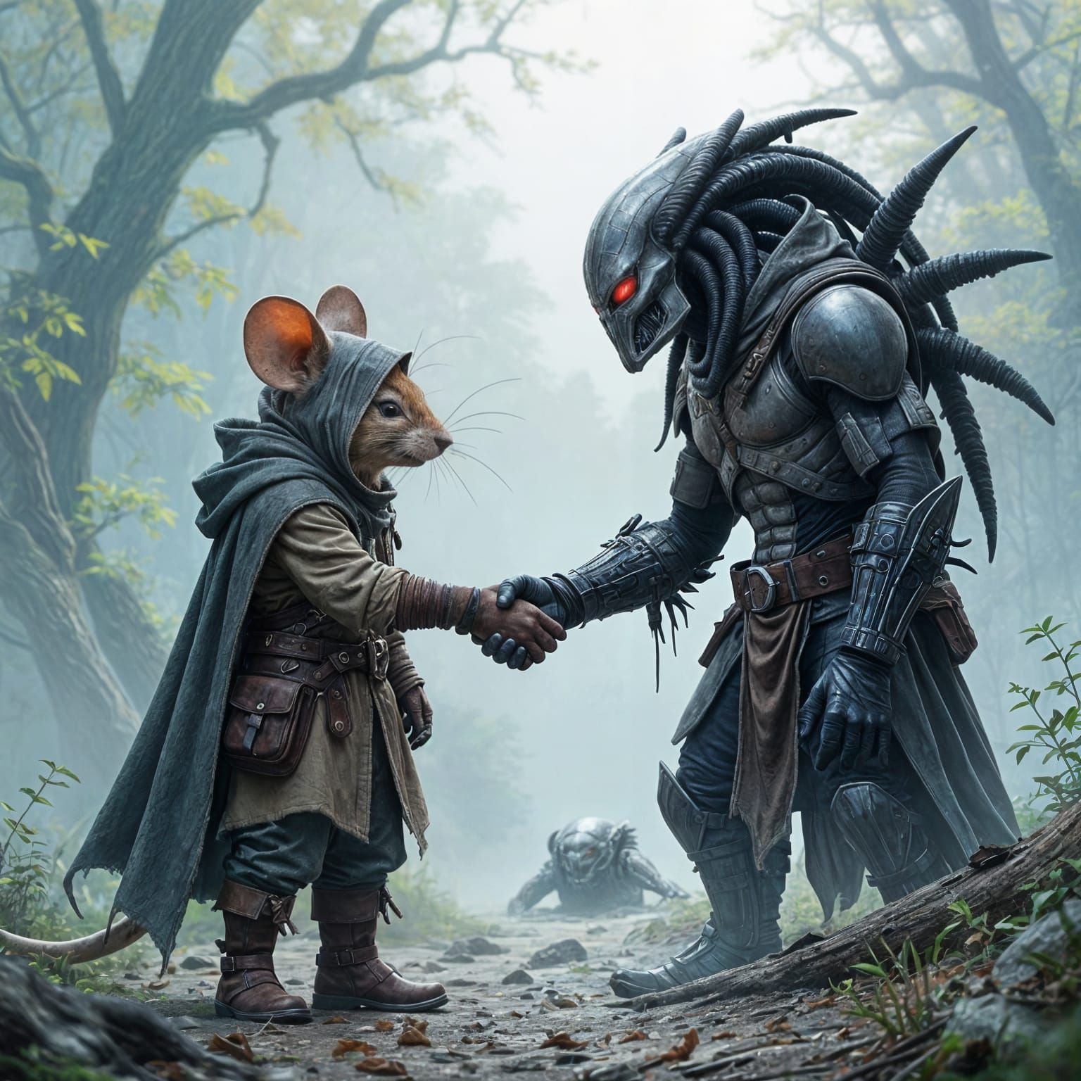 Mouse and Predator Alliance in Ethereal Fantasy Style