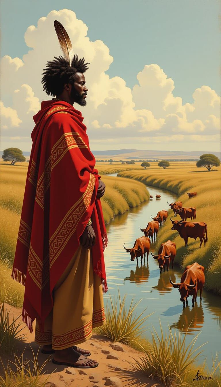 Regal African Man with Feather in Afro Watches Nguni Cattle