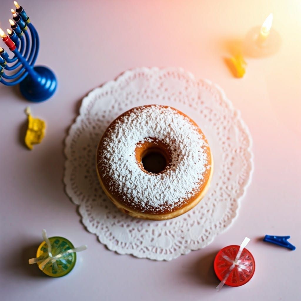 Powdered Sugar Donut on Luxurious White Lace Napkin in Hanuk...