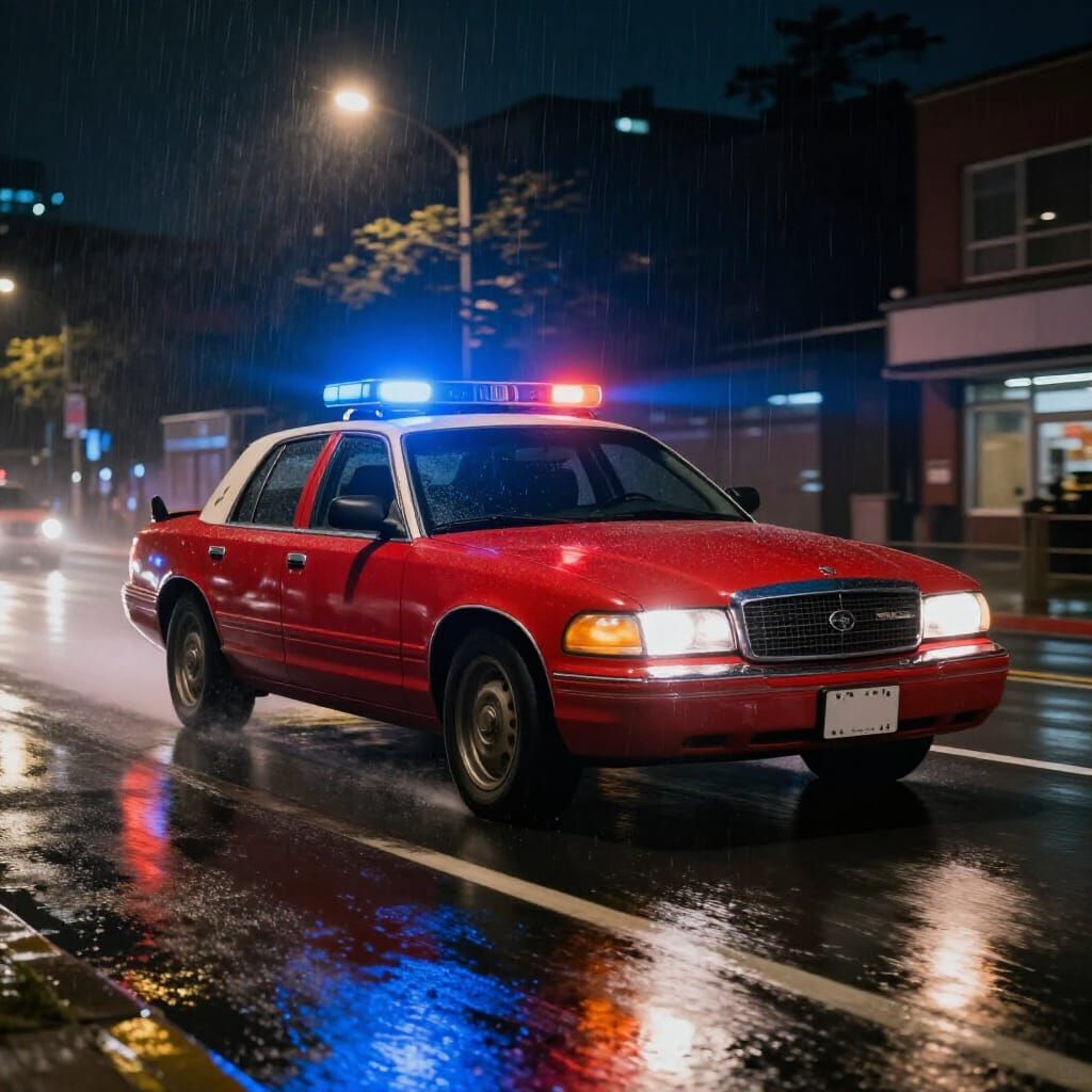 Crimson Fire Chief Car Speeds Through City Night