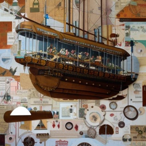Steampunk Airship Paper Collage in Cubist Style