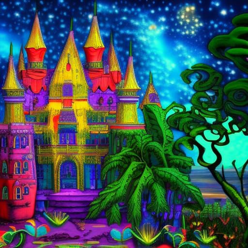Psychedelic Fantasy Castle in Dreamlike Style