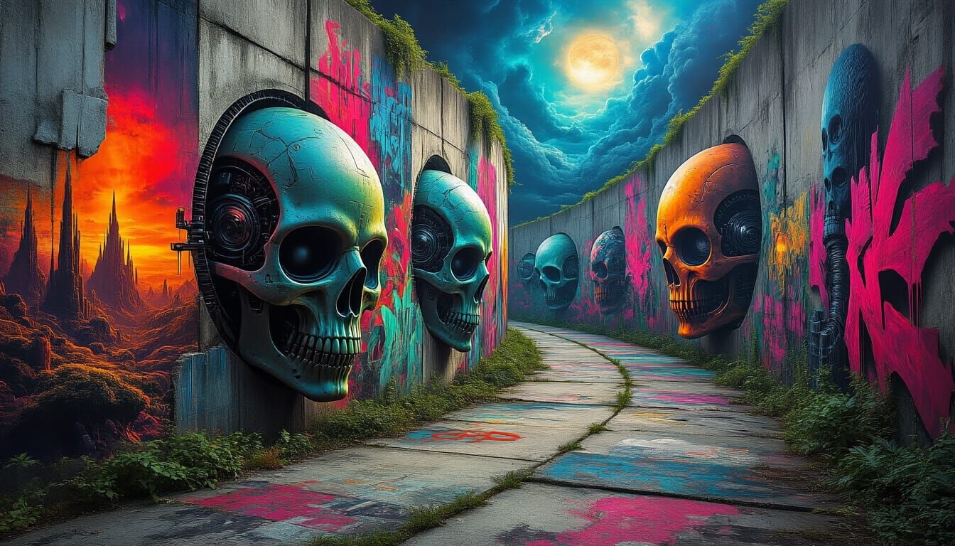 Surreal Biomechanical Art Unwinding on Graffiti Walls