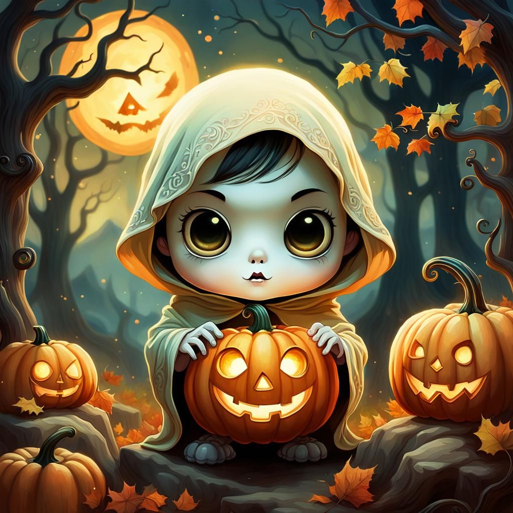Ghost in Jack-o'-Lantern: Whimsical Chibi Portrait