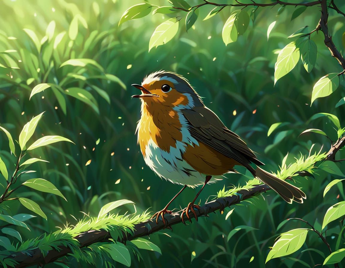 Robin Singing on Branch in Ghibli Anime Style