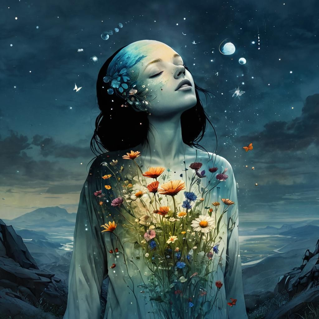 Surreal Watercolor Meadow Dripping from Planets