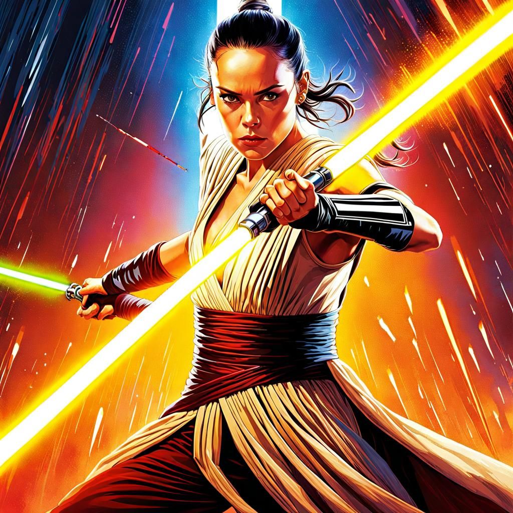 Rey Skywalker Wields Double Lightsaber in Epic Battle