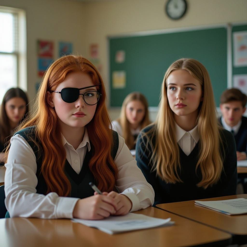 Redhead Teen With Eyepatch and Blond Friend in Classroom