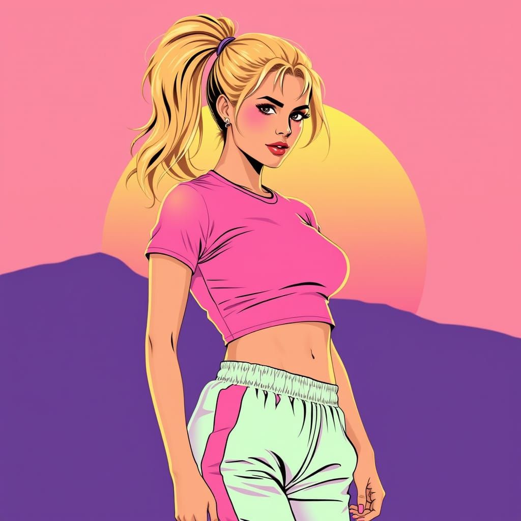 Retro Teen Girl in Pastel Pink Fitness Attire