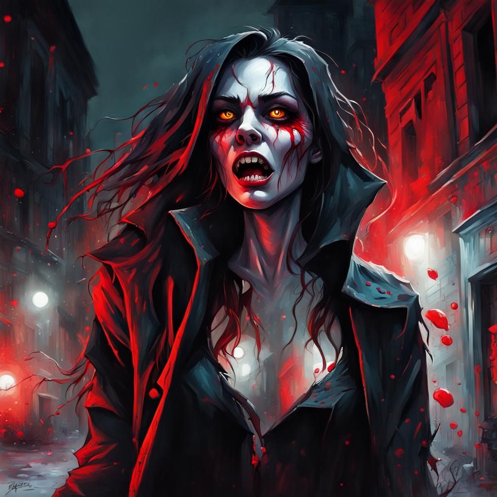 Brooding Vampire Stalks Moonlit Streets: Graffiti Art