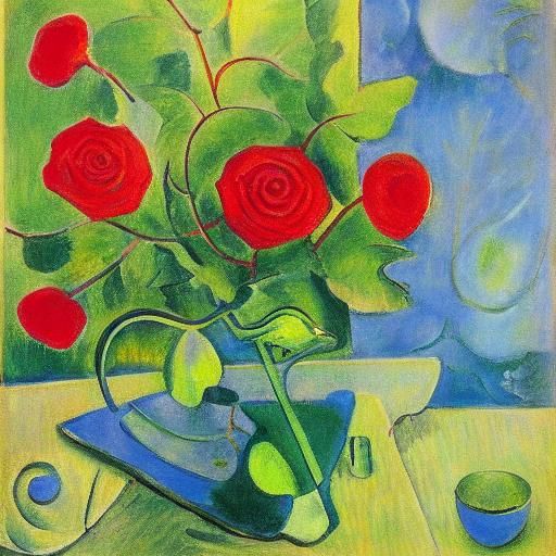 Red Rose and Anxious Frog in Cubist Style