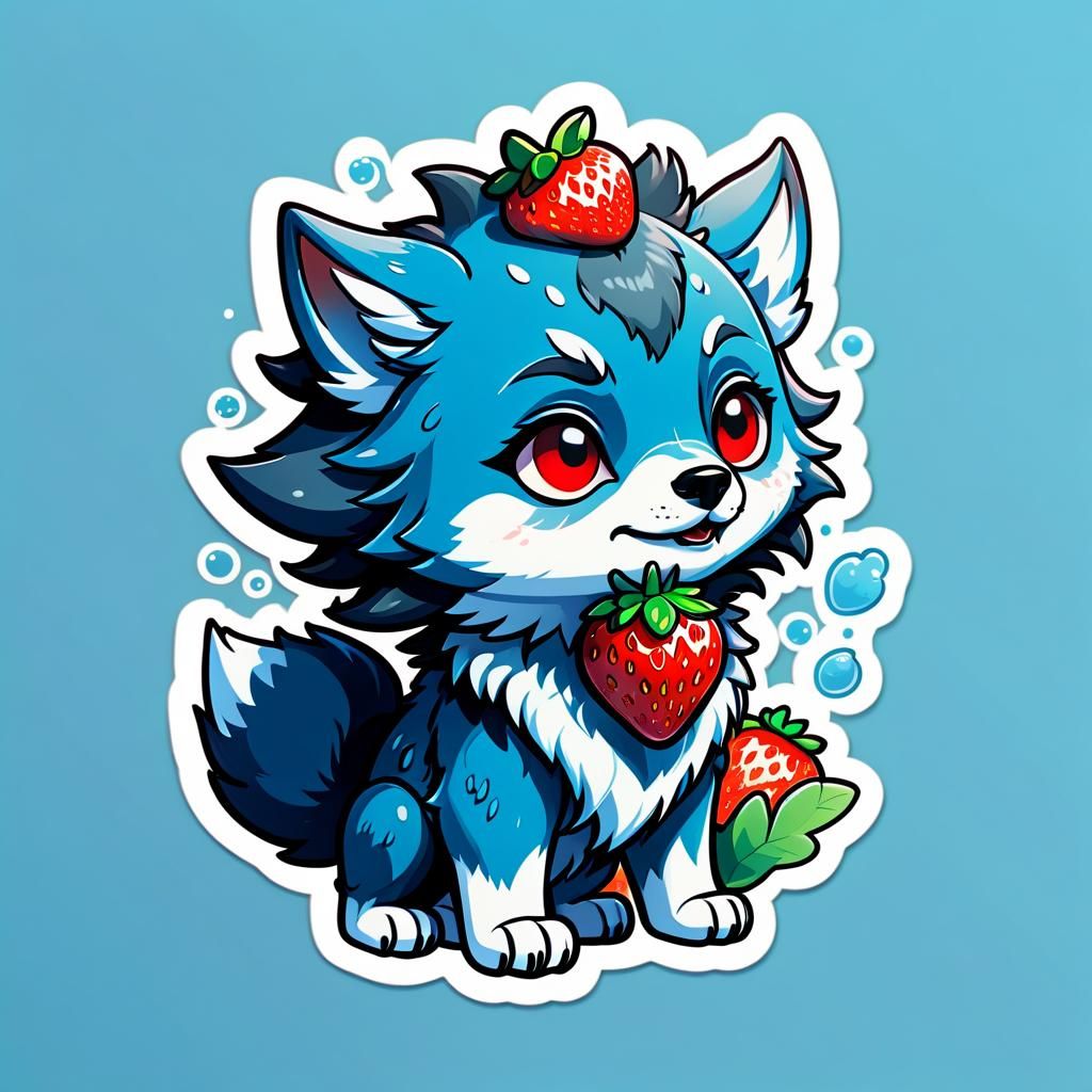 Chibi Wolf Strawberry Hybrid Sticker in Burtonesque Style