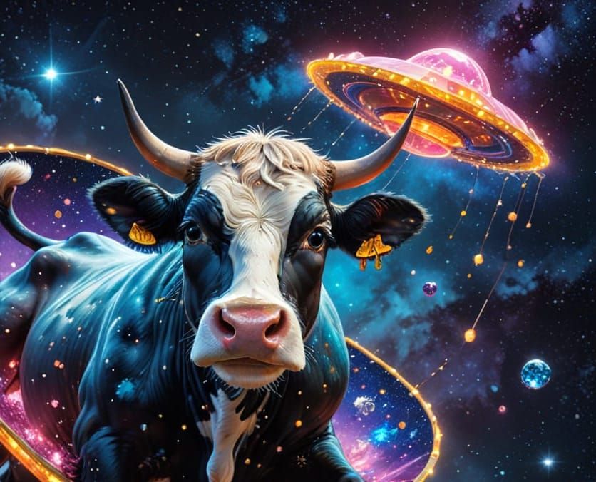 Confused Cow Abduction by UFO in Stained Glass Style