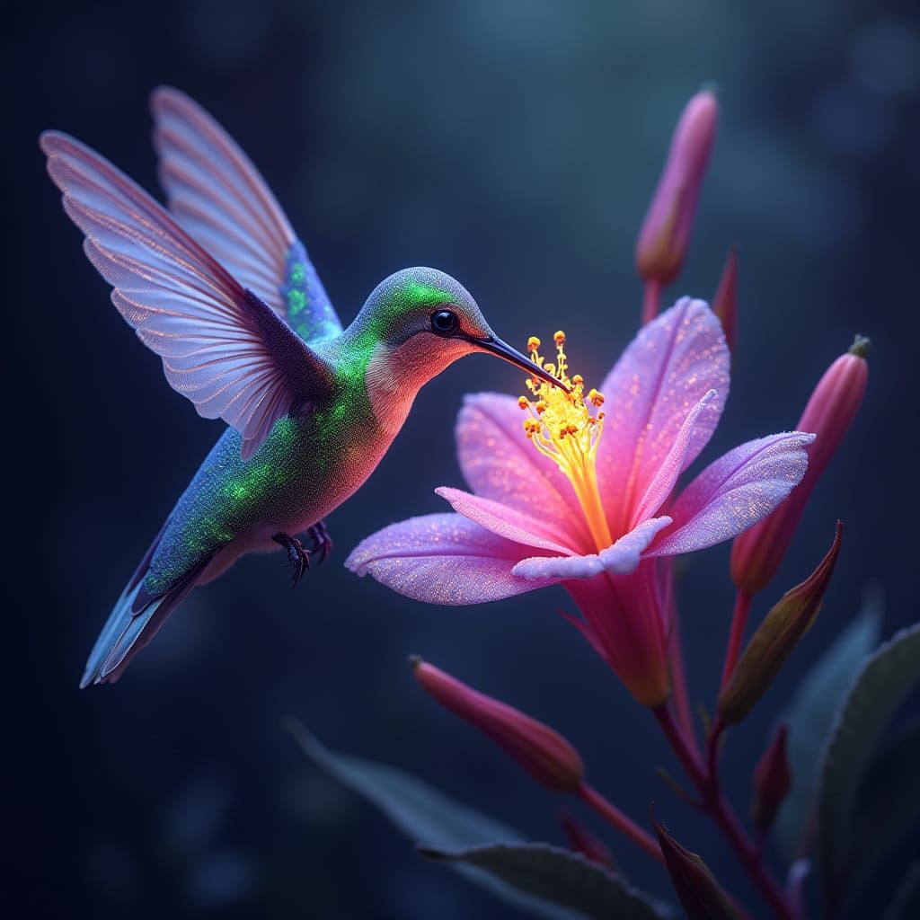 Surreal Bioluminescent Hummingbird Amidst Cosmic Bloom