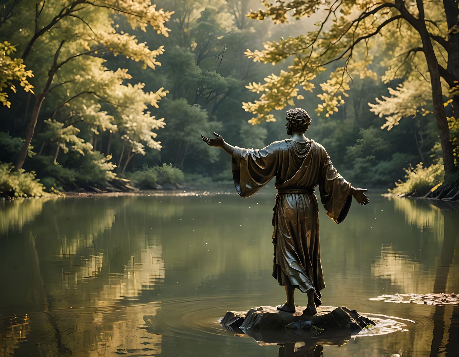 Bronze Stoic Figure at Serene Lake