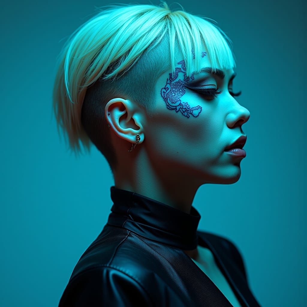 Cybernetic Woman with Japanese Tattoos in Cyberpunk Style