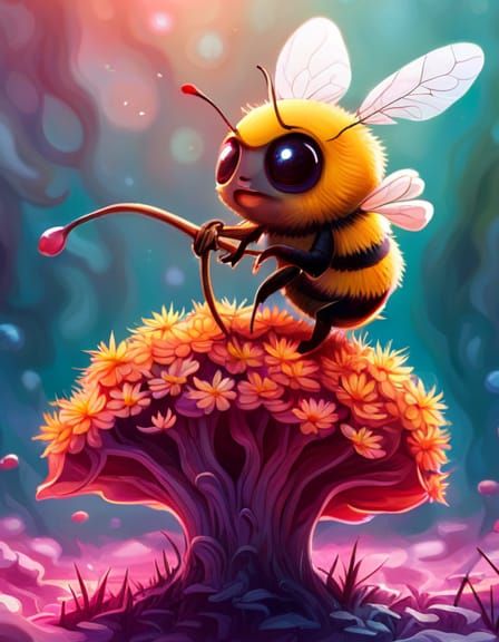 Adorable Kawaii Bee on Red Mushroom, Hyperrealistic Art